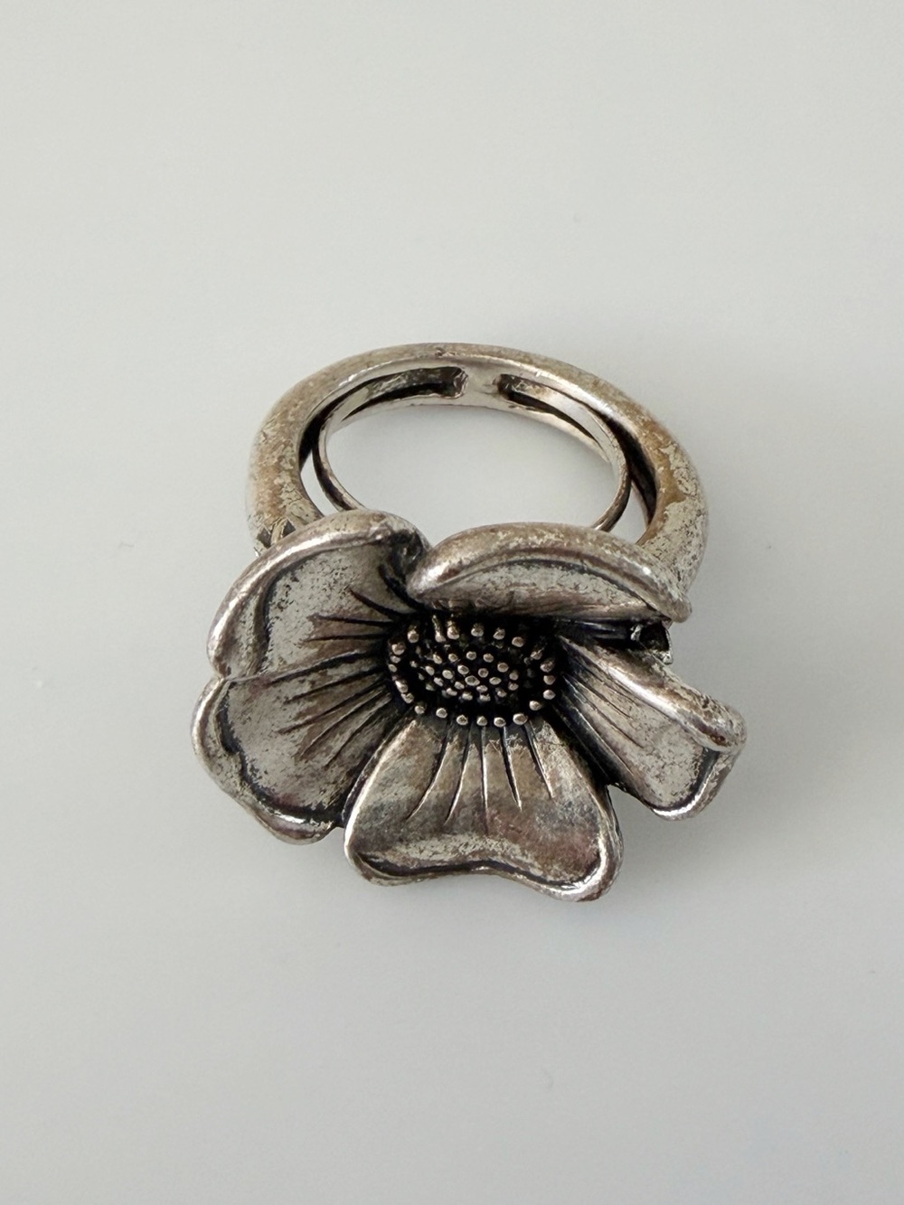 Lucky Brand Large Flower Silver Tone Adjustable Ring Boho Hippie Casual